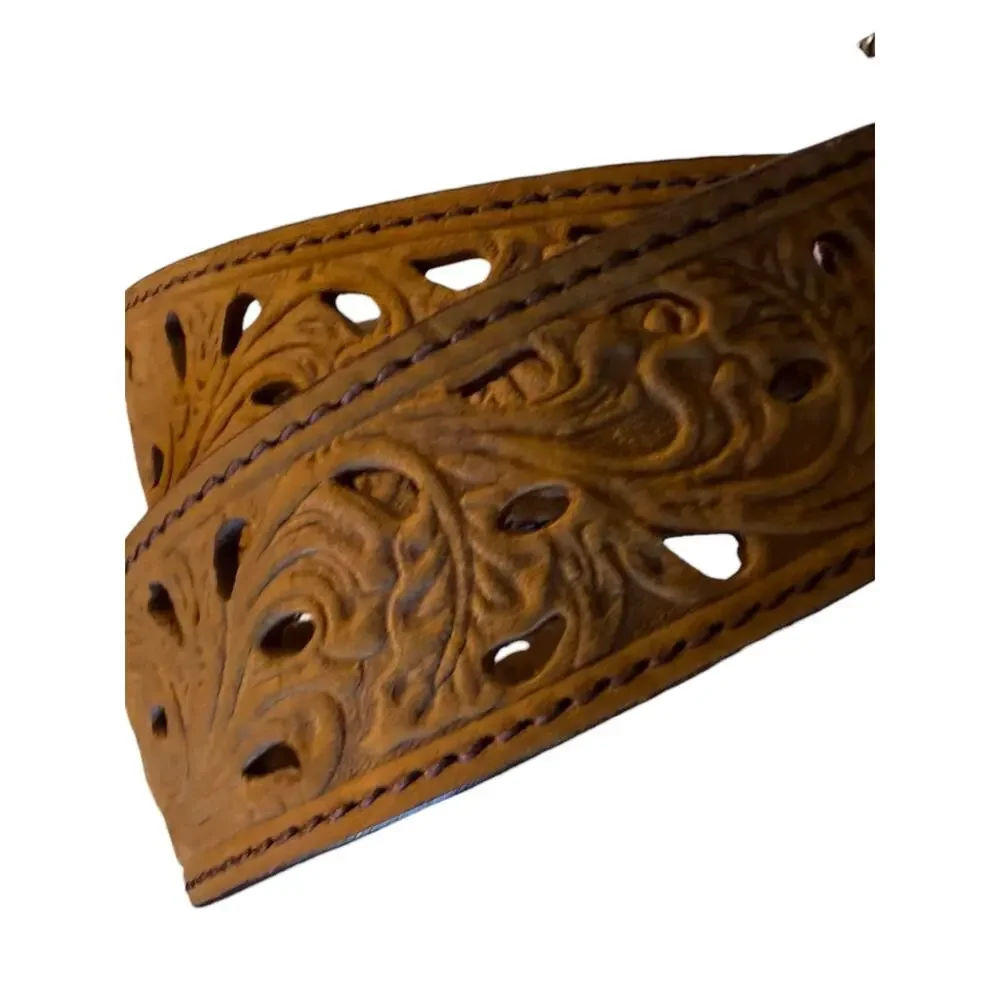 Tony Lama Size 26 Tooled Leather Belt with Filigree Silver-Tone Oval Buckle